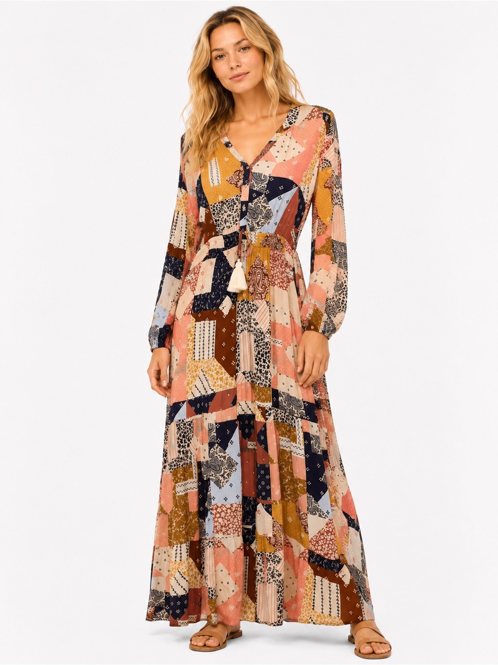 Wonderly Size Large Patchwork Boho Maxi Dress - Pink Multicolor